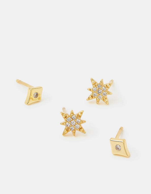 2-Pack 14ct Gold-Plated Diamanté Star Stud Earrings, , large