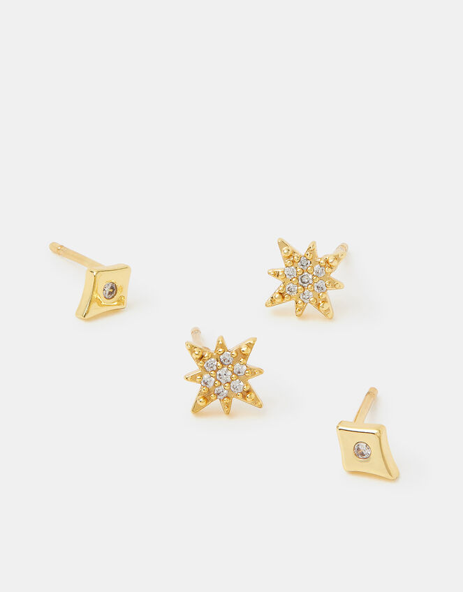 2-Pack 14ct Gold-Plated Diamanté Star Stud Earrings, , large