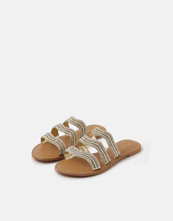 Beaded Triple Strap Sandals, Gold (GOLD), large