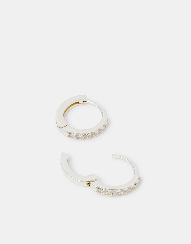 Sterling Silver Pav&eacute; Huggie Hoop Earrings, , large