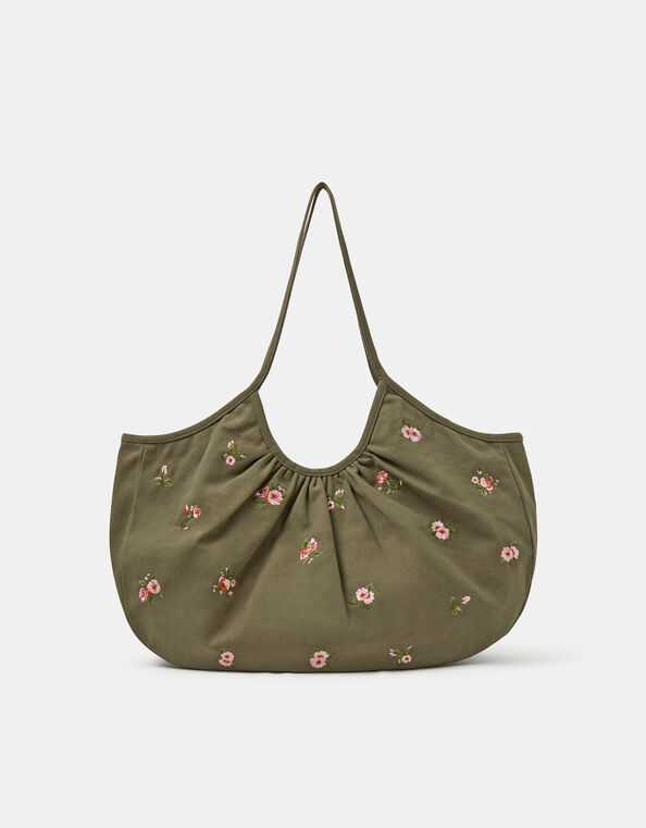 Oversized Floral Embroidered Shoulder Bag, , large