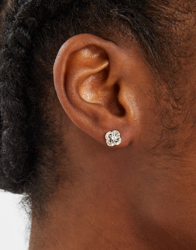 Sterling Silver-Plated Diamant&eacute; Clover Stud Earrings, , large