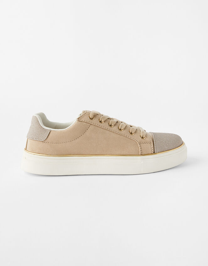 Gold Trim Suedette Trainers, Mink (MINK), large