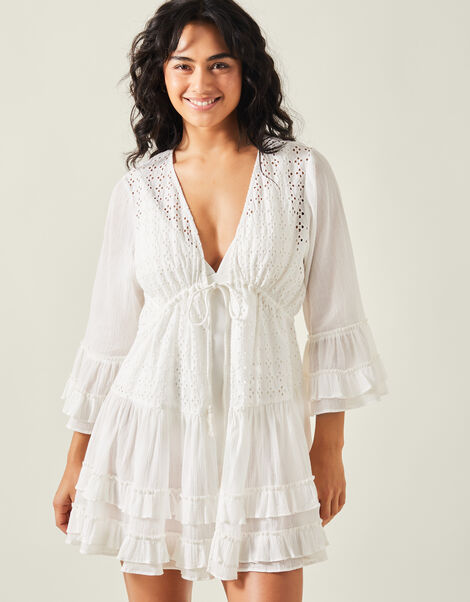 Broderie Ruffle Mini Kaftan Dress, White (WHITE), large