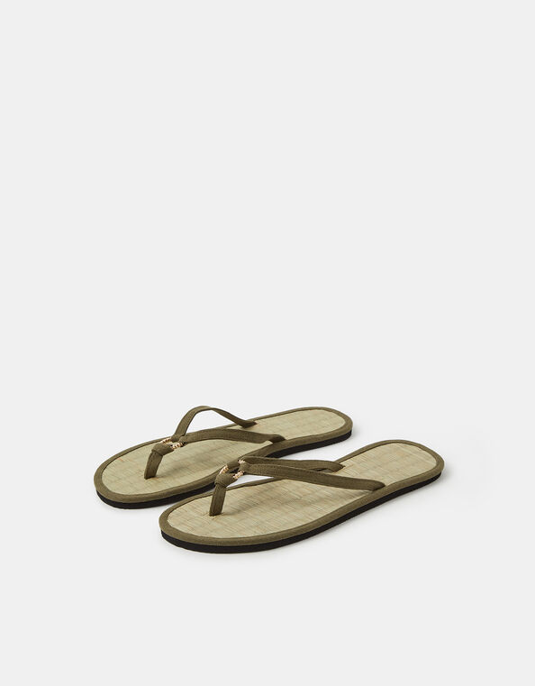 Ring Detail Seagrass Flip Flops, Green (KHAKI), large