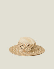 Two-Tone Woven Straw Fedora Hat, , large