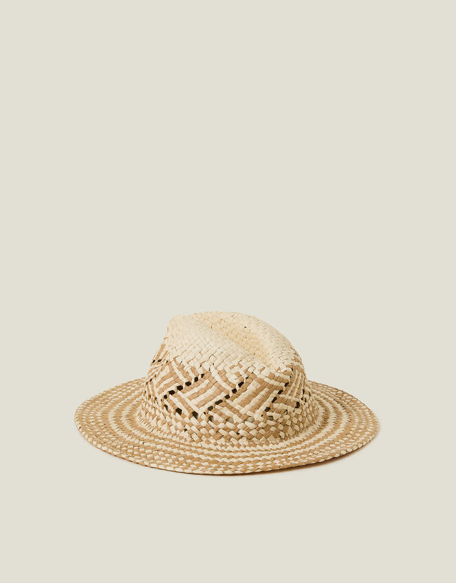 Two-Tone Woven Straw Fedora Hat, , large