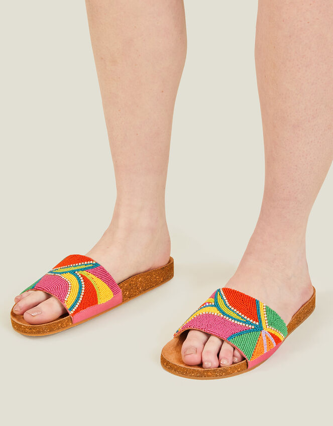 Beaded Geometric Cork Footbed Sandals, Multi (BRIGHTS MULTI), large