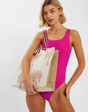 Palm Embroidered Shopper Beach Bag, , large