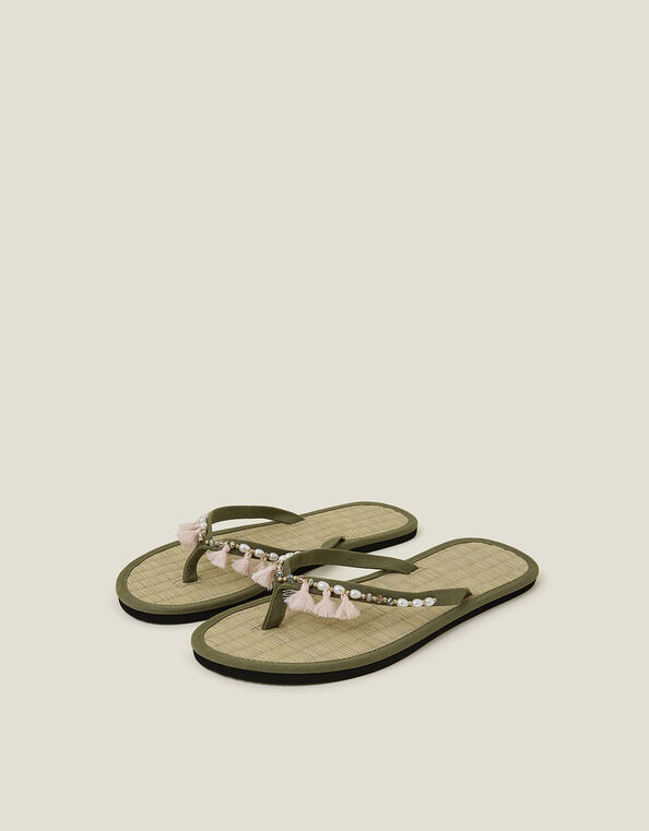Tassel Seagrass Footbed Flip Flops, Green (KHAKI), large