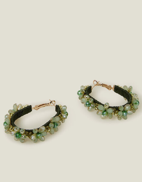 Flower Beaded Hoop Earrings, , large