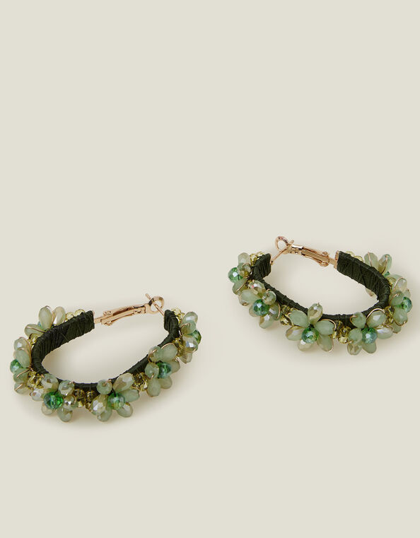 Flower Beaded Hoop Earrings, , large
