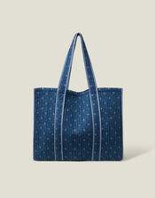 Polka Dot Denim Shopper Bag, , large