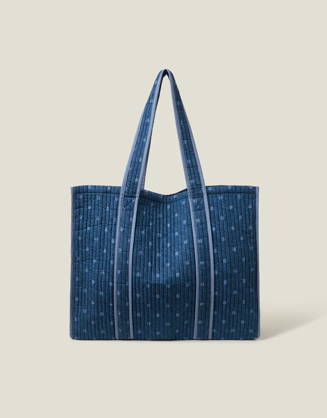 Polka Dot Denim Shopper Bag, , large