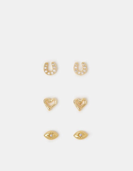 3-Pack 14ct Gold-Plated I Love U Stud Earrings, , large