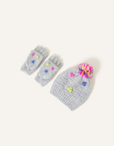 Girls Pom-Pom Hat and Gloves Set , Grey (GREY), large