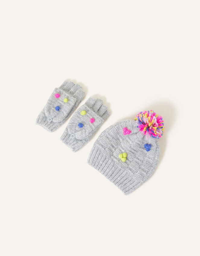 Girls Pom-Pom Hat and Gloves Set , Grey (GREY), large