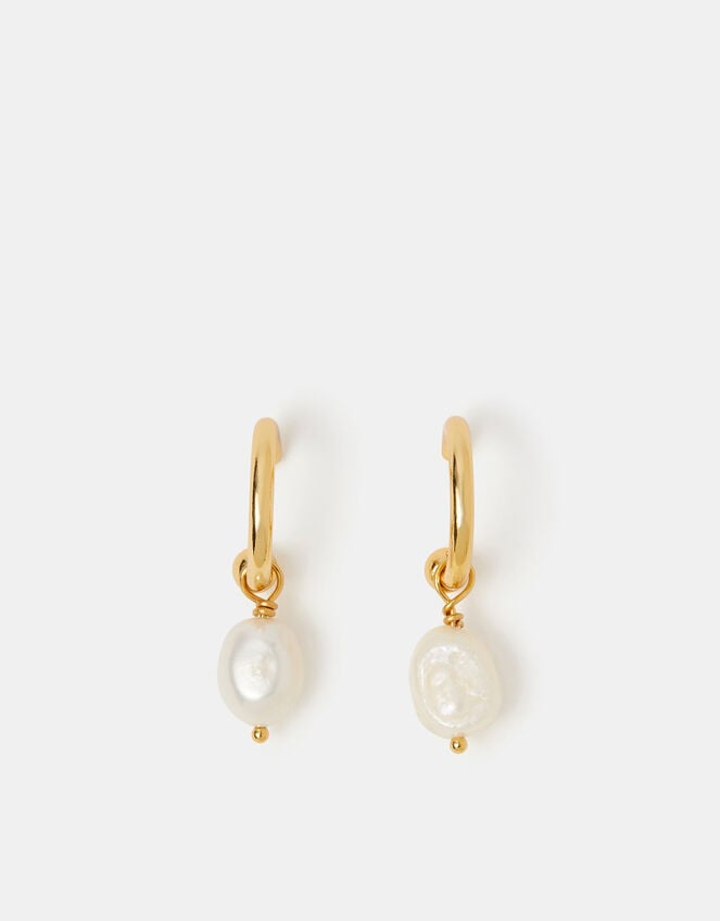 14ct Gold-Plated Pearl Drop Hoop Earrings, , large