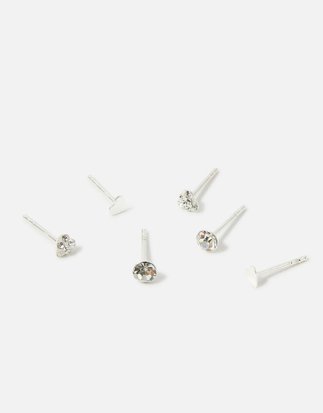 Sterling Silver Heart Sparkle Stud Earring Set, , large
