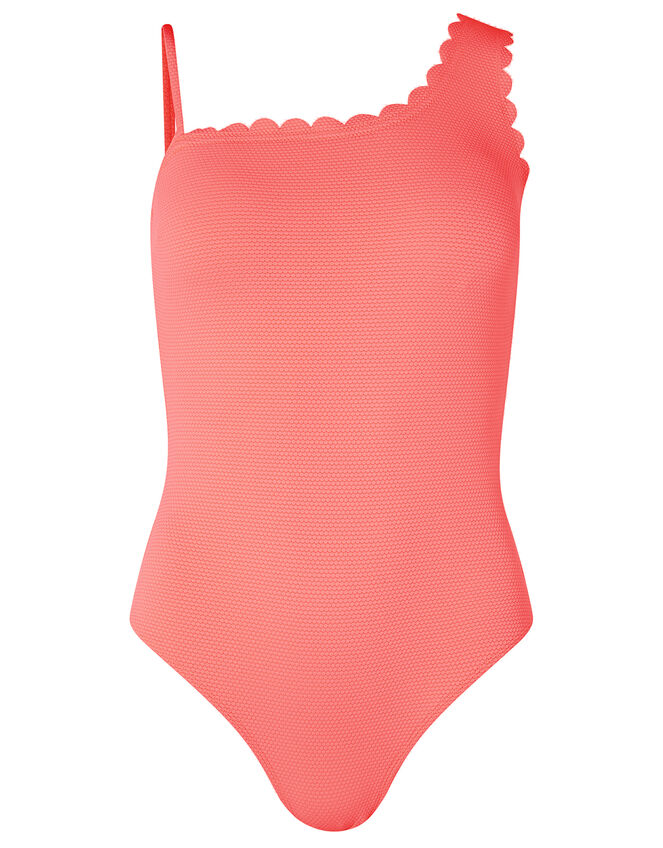 Micro Dot One-Shoulder Swimsuit with Scalloped Edge, Orange (CORAL), large