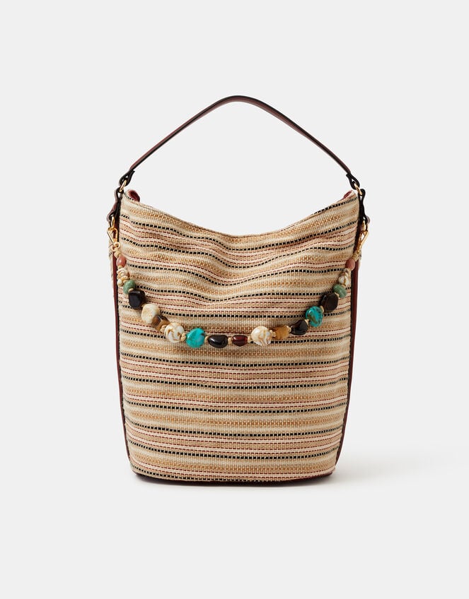 Stripe Beaded Charm Shoulder Bag, , large