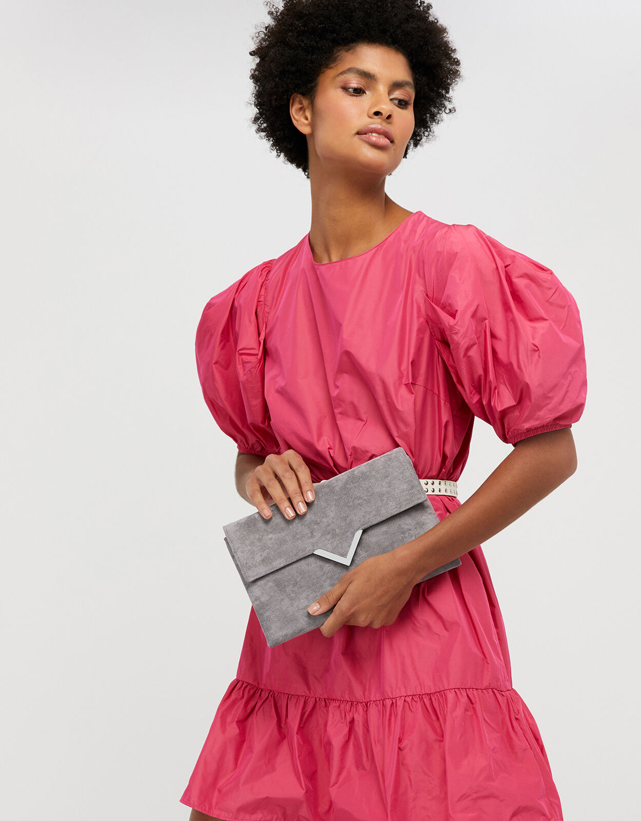 large grey clutch bag