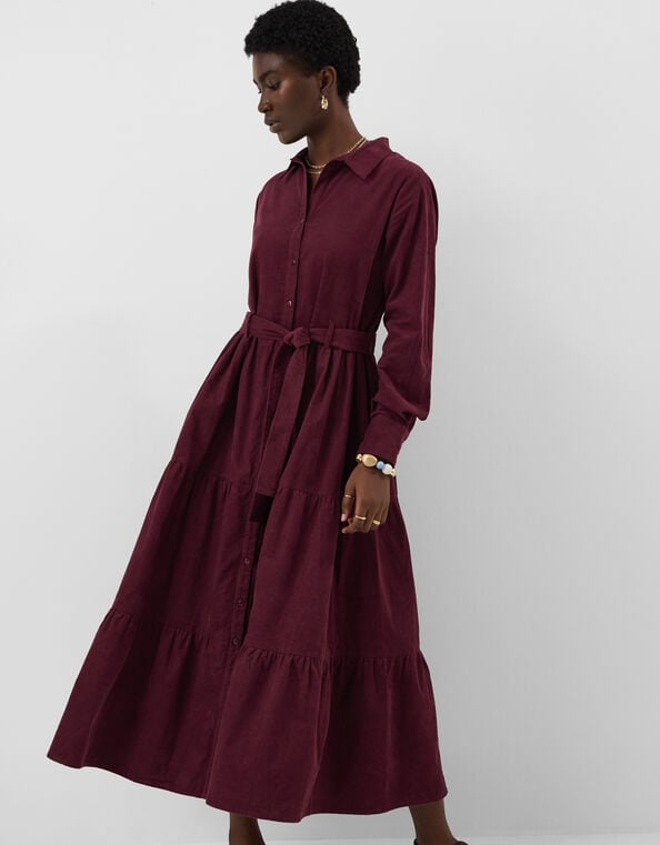 Belted Corduroy Maxi Dress, Red (BURGUNDY), large
