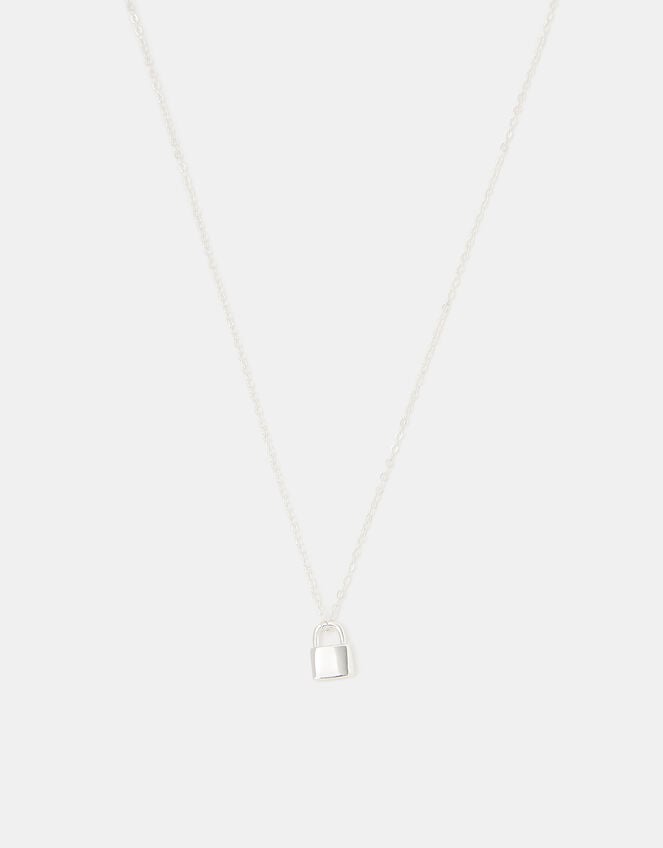 Sterling Silver Lock Pendant Necklace, , large