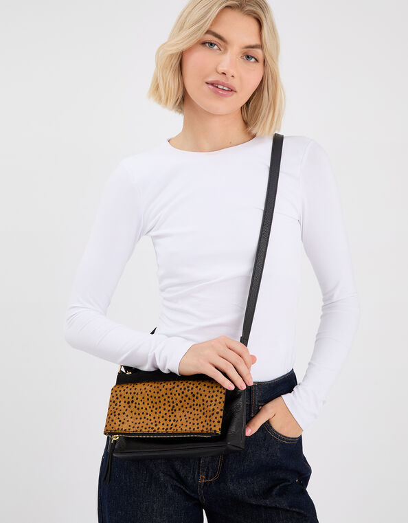 Fold Over Zip Leather Crossbody Bag, Leopard (LEOPARD), large