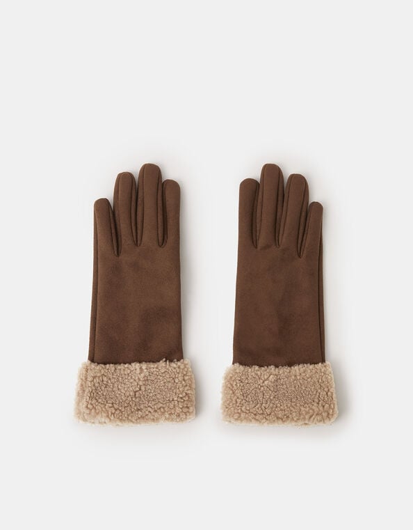 Faux Shearling Cuff Gloves, Brown (CHOCOLATE), large