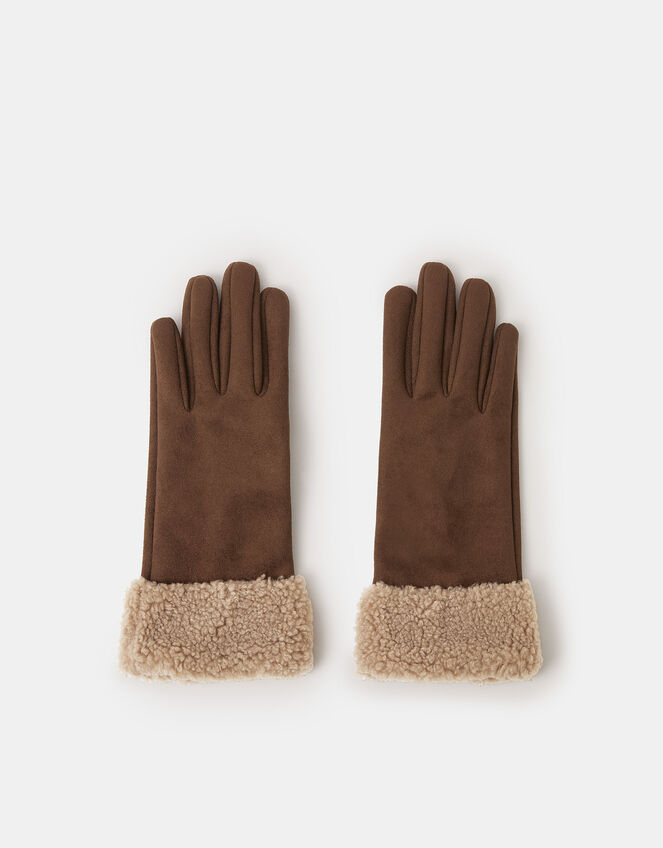 Faux Shearling Cuff Gloves, Brown (CHOCOLATE), large
