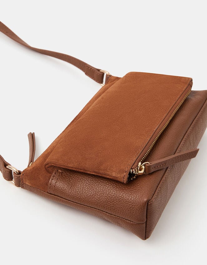 Fold Over Zip Leather Crossbody Bag, Tan (TAN), large