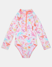 Girls Sealife Long Sleeve Swimsuit , Multi (PASTEL MULTI), large