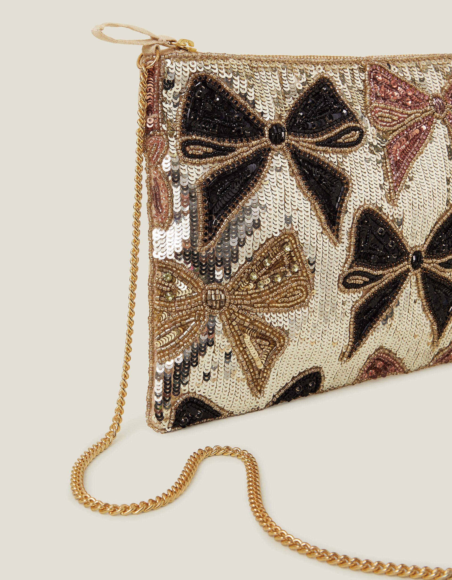 Sequin Bow Zip Top Clutch Bag