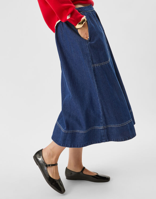 A-Line Denim Midi Skirt, DENIM, large