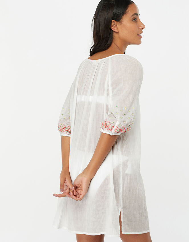 Evie Embroidered Cotton Crop Sleeve Dress, White (WHITE), large