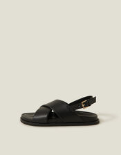 Cross Strap Leather Sandals, Black (BLACK), large