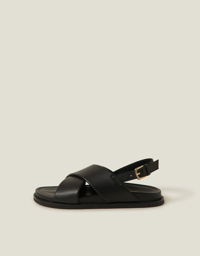 Cross Strap Leather Sandals, Black (BLACK), large