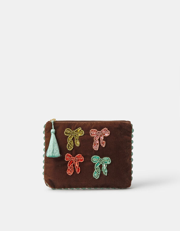 Embellished Bow Velvet Pouch, , large