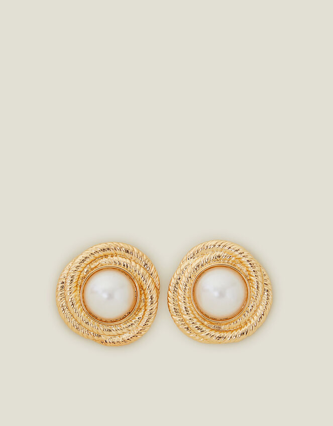 Round Pearl Frame Stud Earrings, , large