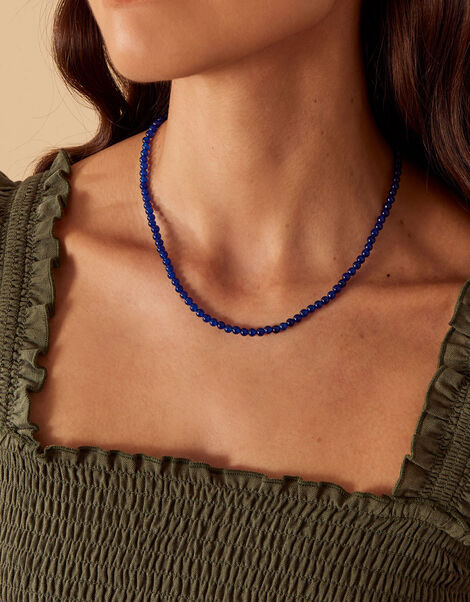 Gold-Plated Healing Stone Lapis Lazuli Beaded Necklace, , large