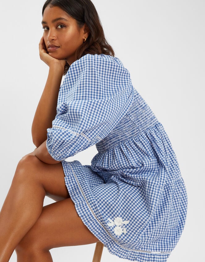 Puff-Sleeve Gingham Mini Dress, Blue (BLUE), large