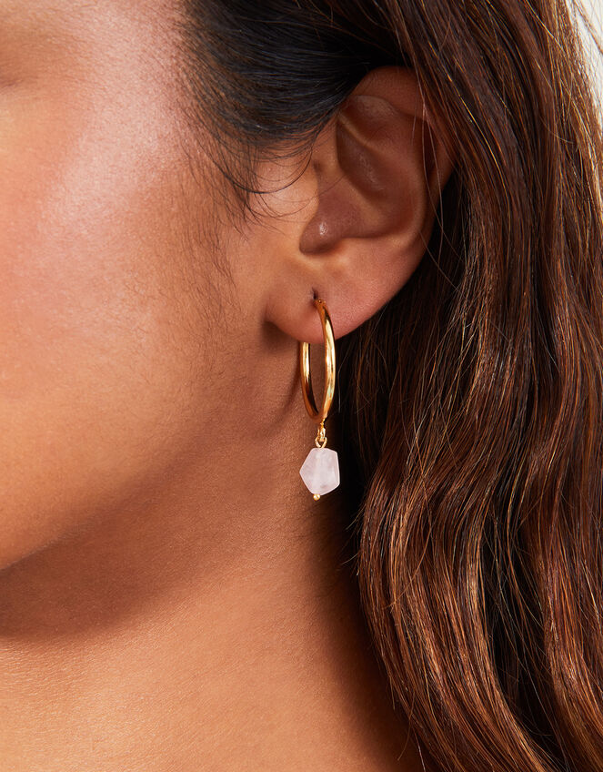 14ct Gold-Plated Rose Quartz Large Hoops, , large