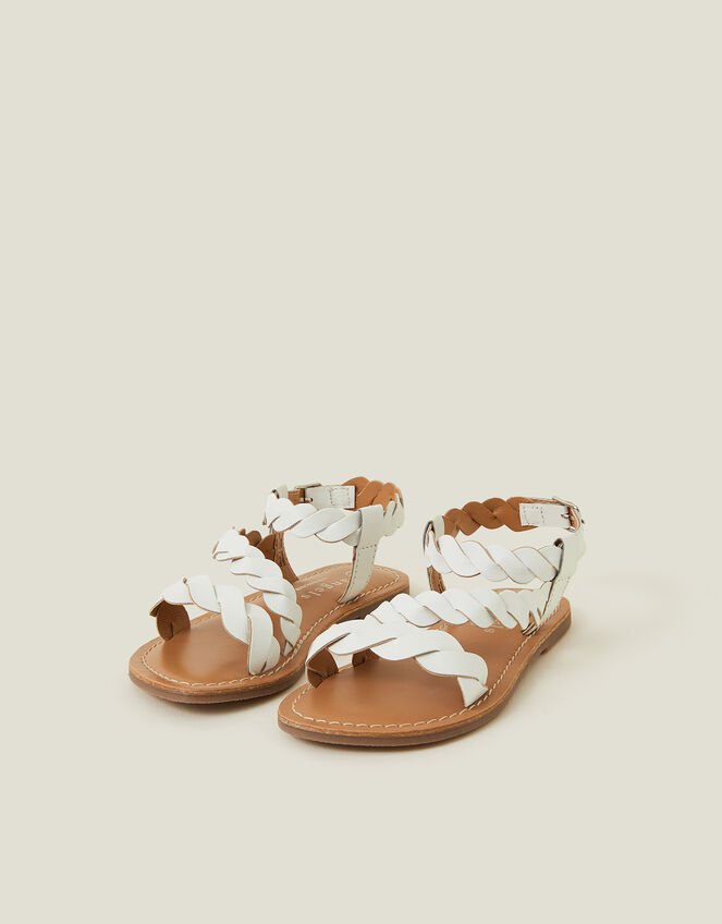 Girls Leather Plait Sandals, White (WHITE), large