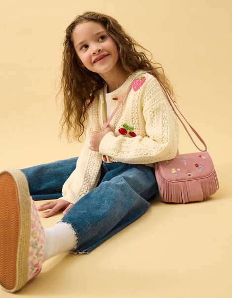 Girls Floral Embroidered Fringe Crossbody Bag, , large