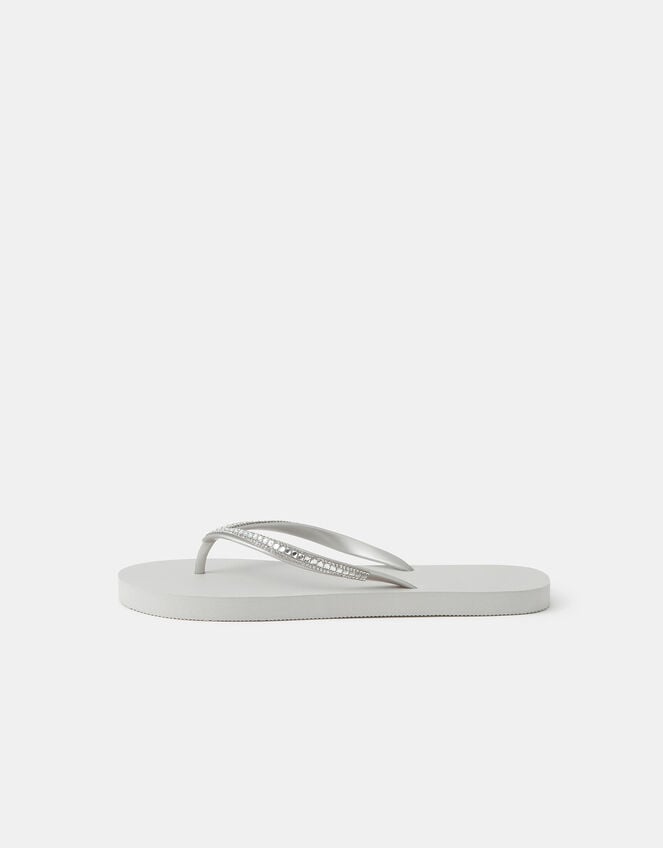 Crystal Embellished Flip Flops, Silver (SILVER), large