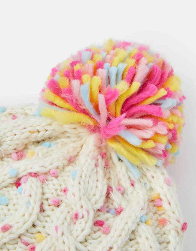 Girls Cable Knit Bobble Hat, Ivory (IVORY), large