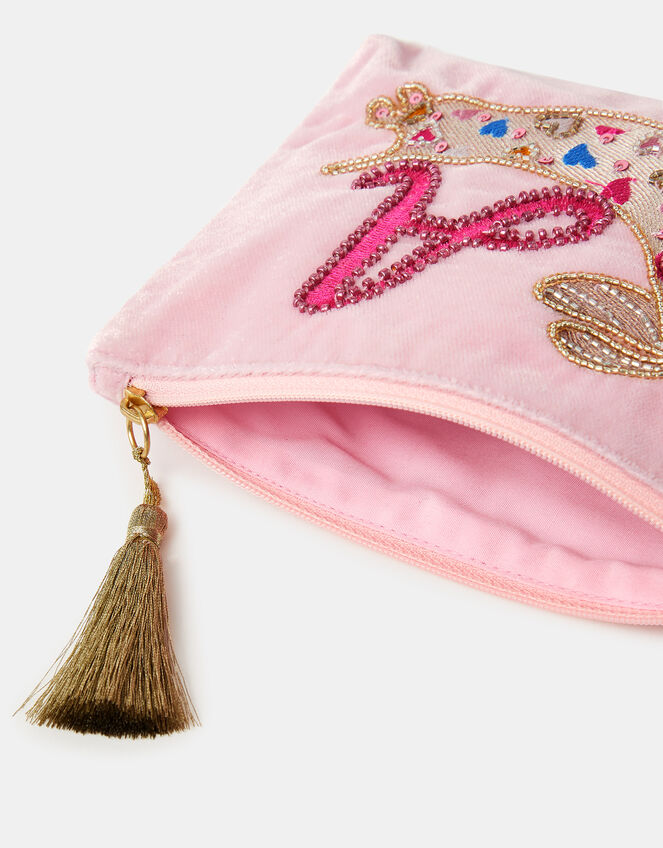 Girls Embroidered Sausage Dog Initial Velvet Pouch, Pink (PINK), large