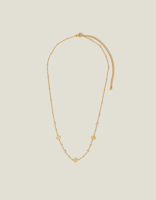 14ct Gold-Plated Stainless Steel Diamanté Clover Station Necklace, , large