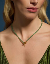 14ct Gold-Plated Healing Stone Bead T-Bar Necklace, Green (GREEN), large